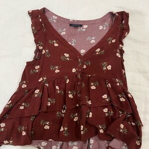 American Eagle Outfitters Burgundy Floral Ruffle Blouse